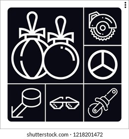 Set of 6 round outline icons such as circular saw, christmas ball, glasses, puck, pie chart