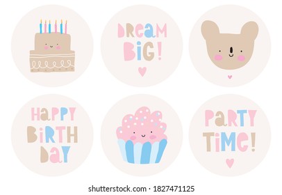 Conjunto de 6 etiquetas de fiesta de forma redonda. Tapones de pasteles Kawaii Style Candy Bar. Pegatinas de color Pastel con Muffin. Oso de Coala y Pastel de Cumpleaños. Graciosa Decoración del Vector de la Fiesta del Cumpleaños.