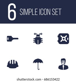 Set Of 6 Safety Icons Set.Collection Of Virus, Insurance, Hardhat And Other Elements.