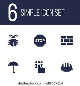 Set Of 6 Safety Icons Set.Collection Of Virus, Insurance, Hardhat And Other Elements.