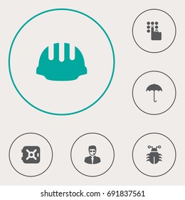 Set Of 6 Safety Icons Set.Collection Of Insurance, Hardhat, Virus And Other Elements.