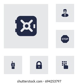 Set Of 6 Safety Icons Set.Collection Of Security Man, Strongbox, Keypad And Other Elements.