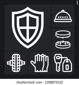 Set of 6 safety outline icons such as helmet, gloves, tire, safe, grinder