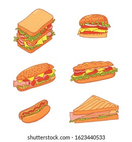 Set of 6 sandwiches. Collection of vector fast food pictures illustrations on a white background. Vector