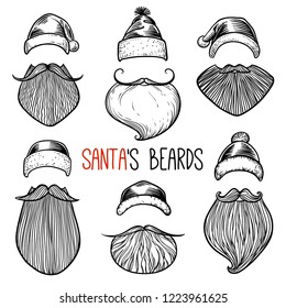 Set of 6 Santa Claus' beards, mustache and hats. Vector Christmas design elements. Hand drawn sketches