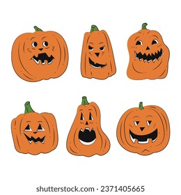 Set of 6 scary Halloween pumpkins. Color flat vector illustration.