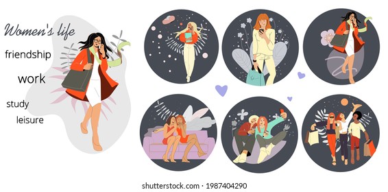 A set 6 of scenes - female activities in modern life. Everyday woman life. Girls and women spend their leisure time, study, make friends, work, gossip, play sports, dance. Gossip, play sports, dance.