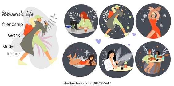 A set 6 of scenes - female activities in modern life. Everyday woman life. Girls and women spend their leisure time, study, make friends, work, gossip, play sports, dance. Gossip, play sports, dance.