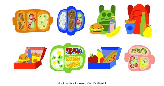 set of  6 school lunches in plastic containers and boxes. Vector illustration in children's doodle style
