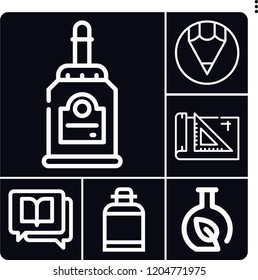 Set of 6 school outline icons such as chemistry, pencil, drawing, glue, literature