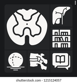 Set of 6 science filled icons such as liver, spinal cord, vertebra, sphere, bookshelf