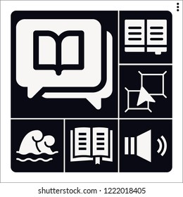 Set of 6 science filled icons such as book, layers, tsunami, sound