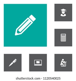 Set of 6 science icons set. Collection of pupil, graduated, pencil and other elements.