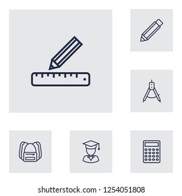 Set of 6 science icons line style set. Collection of diplomaed male, pencil, drawing tool and other elements.
