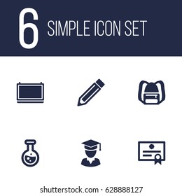 Set Of 6 Science Icons Set.Collection Of Certificate, Blackboard, Rucksack And Other Elements.