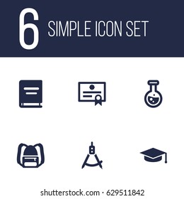 Set Of 6 Science Icons Set.Collection Of Magnet Navigator, Textbook, Academic Hat And Other Elements.