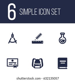 Set Of 6 Science Icons Set.Collection Of Flask, Textbook, Certificate And Other Elements.