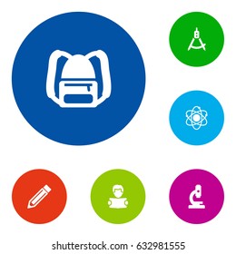 Set Of 6 Science Icons Set.Collection Of Drawing Tool, Rucksack, Molecule And Other Elements.