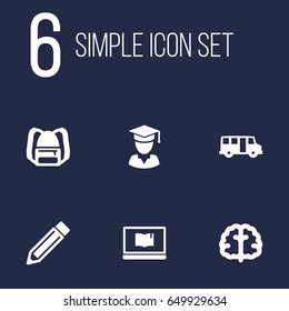 Set Of 6 Science Icons Set.Collection Of Rucksack, School Autobus, Marrow And Other Elements.