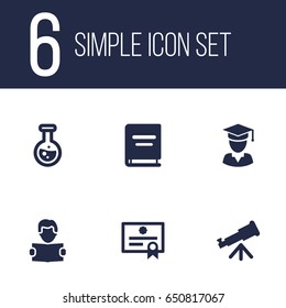 Set Of 6 Science Icons Set.Collection Of Reading, Diplomaed Male, Flask And Other Elements.