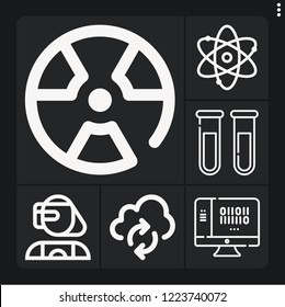Set of 6 science outline icons such as atmosphere, radiation, big bang theory, cyborg, binary