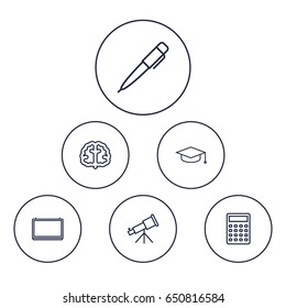 Set Of 6 Science Outline Icons Set.Collection Of Brain, Pen, Telescope And Other Elements.