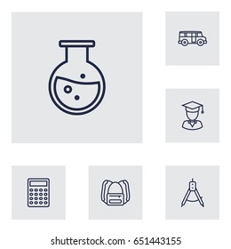Set Of 6 Science Outline Icons Set.Collection Of Calculator, Bus, Compass And Other Elements.