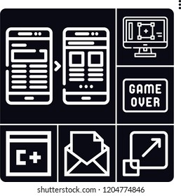 Set of 6 screen outline icons such as computer, game over, graphic design, computing, message