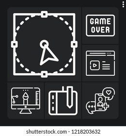 Set of 6 screen outline icons such as select, game over, drawing tablet, social media, creative design