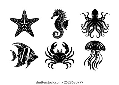 Set of 6 Sea Animal Vector Silhouettes on White Background