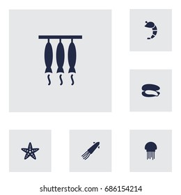 Set Of 6 Sea Icons Set.Collection Of Asteroid, Medusa, Smoked And Other Elements.