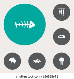 Set Of 6 Sea Icons Set.Collection Of Smoked, Fish, Clam And Other Elements.