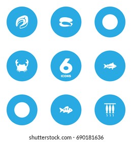 Set Of 6 Sea Icons Set.Collection Of Smoked, Lobster, Shell And Other Elements.