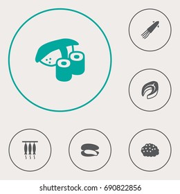 Set Of 6 Sea Icons Set.Collection Of Beefsteak, Calamary, Smoked And Other Elements.