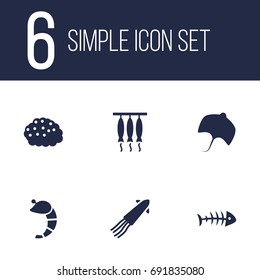 Set Of 6 Sea Icons Set.Collection Of Crustaceans, Calamary, Remains And Other Elements.