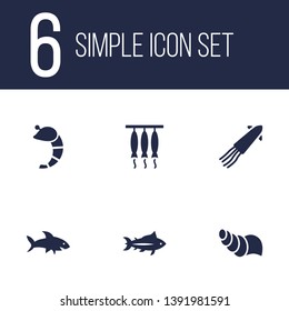 Set of 6 seafood icons set. Collection of fish, conch, squid and other elements.