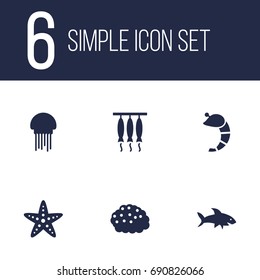 Set Of 6 Seafood Icons Set.Collection Of Crustaceans, Asteroid, Smoked And Other Elements.
