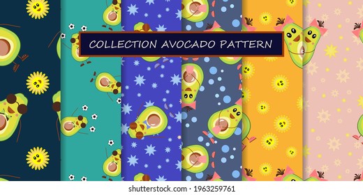 Set of 6 seamless avocado patterns. Repetitive background of funny tropical fruits for the kids. Textiles and fabrics for baby. Half an avocado. Healthy vegetarian food for diet. Vector 