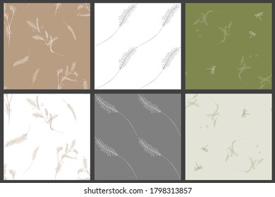 Set of 6 seamless botanical patterns with wavy branches, leaves and tiny dragonflies. Hand-drawn vector illustration with wild plants and insects. Pastel palette. Unique and romantic.
