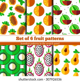 Set of 6 seamless flat style fruit and berries patterns with pineapple, kiwi, orange, watermelon, pear and pitahaya. Vector illustration for wallpaper, surface textures, print and web.