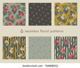 Set of 6 seamless floral patterns. Cyclamen flower vector seamless backgrounds