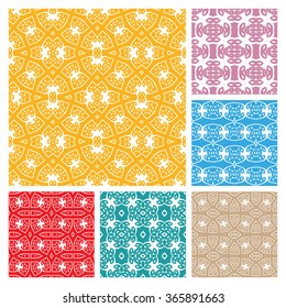 Set of 6 seamless geometric lace patterns with repeating texture for Wedding, Bridal, Valentine's day or Birthday Invitations, fabric or paper print. Vector collection