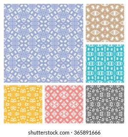 Set of 6 seamless geometric lace patterns with repeating texture for Wedding, Bridal, Valentine's day or Birthday Invitations, fabric or paper print. Vector collection