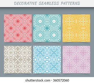 Set of 6 seamless geometric patterns with repeating lace texture for Wedding, Bridal, Valentine's day or Birthday Invitations, fabric or paper print. Vector collection