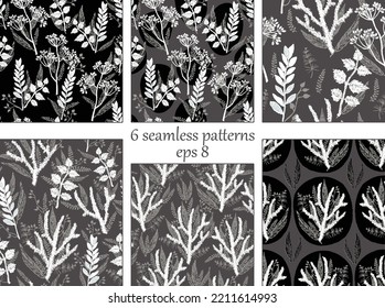 conjunto de 6 patrones de cosecha botánica sin soldadura dibujados a mano sobre fondo gris oscuro y negro