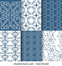 Set of 6  seamless lace patterns. White, blue  geometrical patterns in Arabic style.