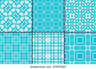 Set of 6 Seamless pattern based on the circle, triangles, rhombus. Vector illustration. For the interior design, wallpaper, textiles, presentations, images illusions. Sea color theme