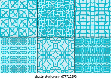 Set of 6 Seamless pattern based on the circle, triangles, rhombus. Vector illustration. For the interior design, wallpaper, textiles, presentations, images illusions. Sea color theme