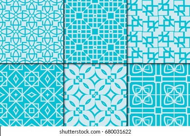 Set of 6 Seamless pattern based on the circle, triangles, rhombus. Vector illustration. For the interior design, wallpaper, textiles, presentations, images illusions. Sea color theme