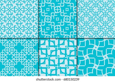 Set of 6 Seamless pattern based on the circle, triangles, rhombus. Vector illustration. For the interior design, wallpaper, textiles, presentations, images illusions. Sea color theme